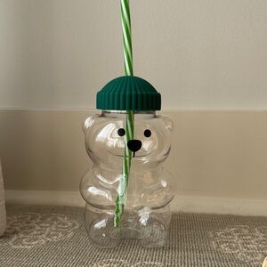 Bear Shaped Clear Cup with Green Straw